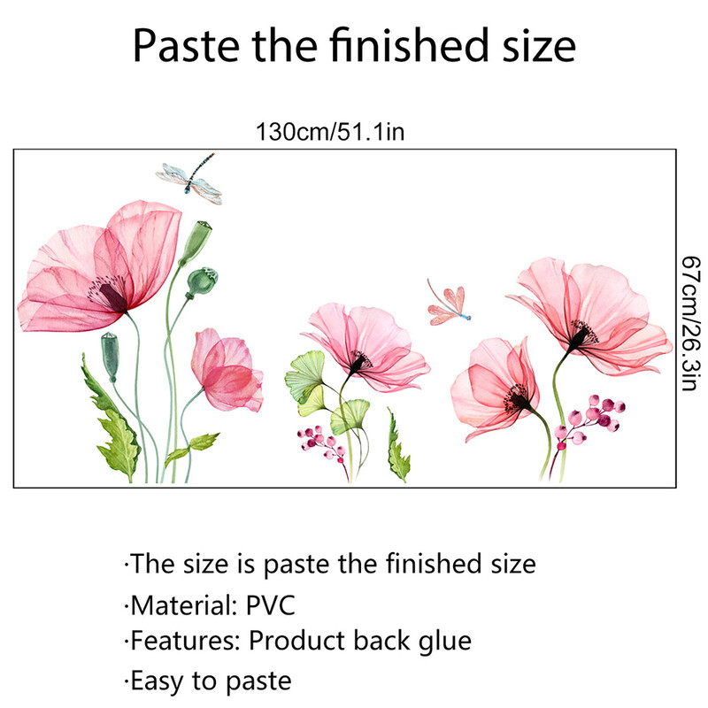 Autocolante de perete cu flori de mac Decorare Plante Libelule Imagini de fundal Sufragerie Dormitor Acasă Perete Vinil Autocolante Artizanat