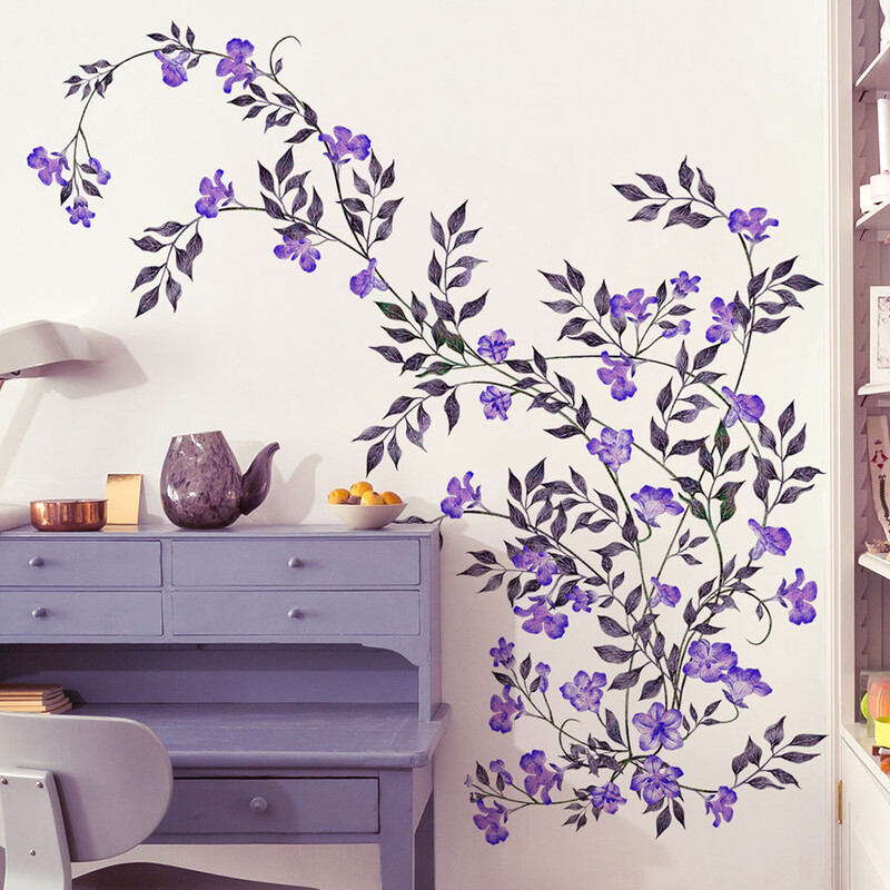 Autocolante de perete din viță de vie cu flori violete Decor pentru casă Afiș auto-adeziv decalcomanii sufragerie dormitor tapet mural plantă