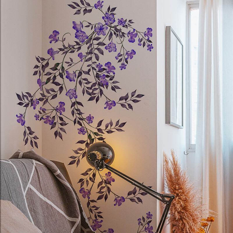 Autocolante de perete din viță de vie cu flori violete Decor pentru casă Afiș auto-adeziv decalcomanii sufragerie dormitor tapet mural plantă