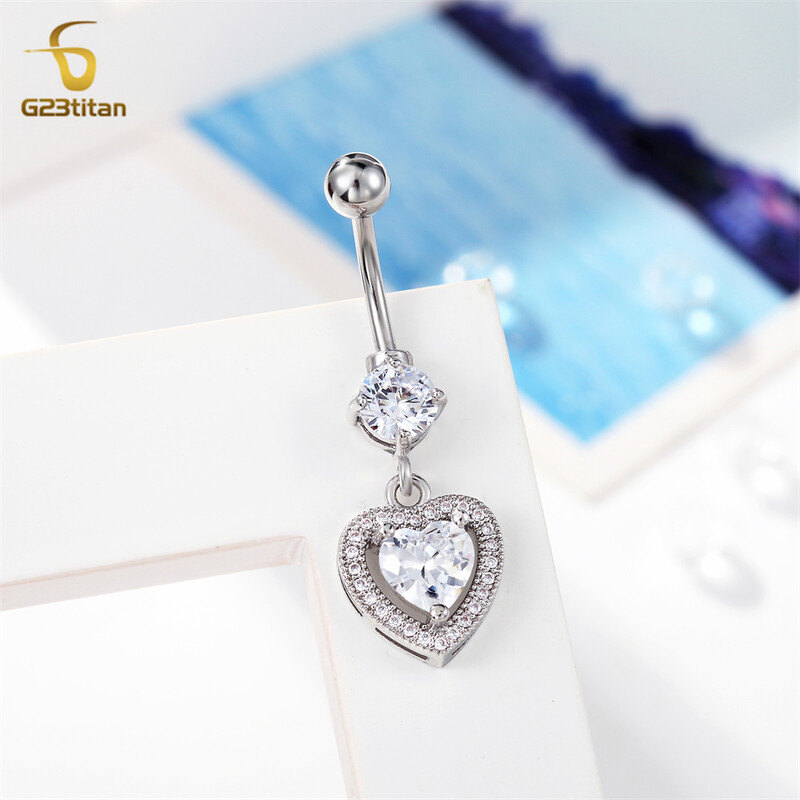 G23titan Női Divat Kristály Titán Köldökrúd Gombgyűrű Fényes Cirkon Szerelem Szív Dekor Piercing Ékszer Kiegészítők