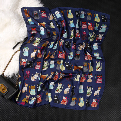 90x90cm Luksuzni brend Svileni četvrtasti šal Ženska kravata Traka za kosu Šalovi s mačjim printom Ženski pulover Muslimanski hidžab trgovine 2021 NOVO Pareo