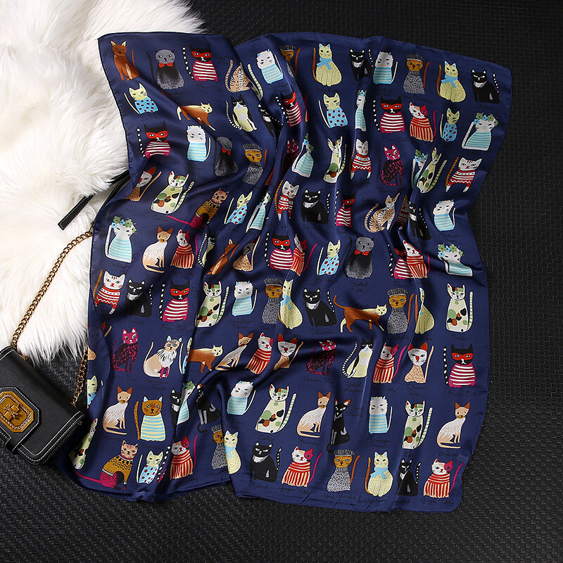 90x90cm Luksuzni brend Svileni četvrtasti šal Ženska kravata Traka za kosu Šalovi s mačjim printom Ženski pulover Muslimanski hidžab trgovine 2021 NOVO Pareo