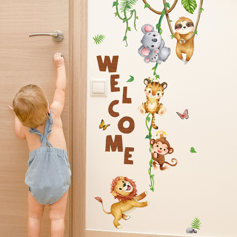 Üdvözlő ajtó matricák gyerekszoba fali matricák babaszoba dekorációhoz erdei állatok téma falmatricák óvodai háttér