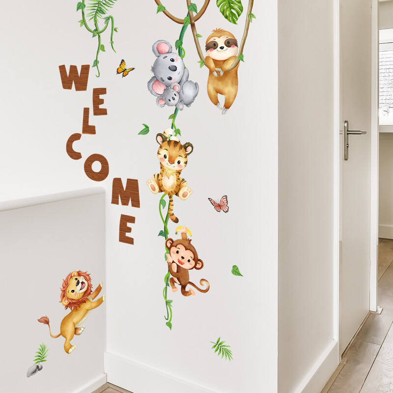 Üdvözlő ajtó matricák gyerekszoba fali matricák babaszoba dekorációhoz erdei állatok téma falmatricák óvodai háttér