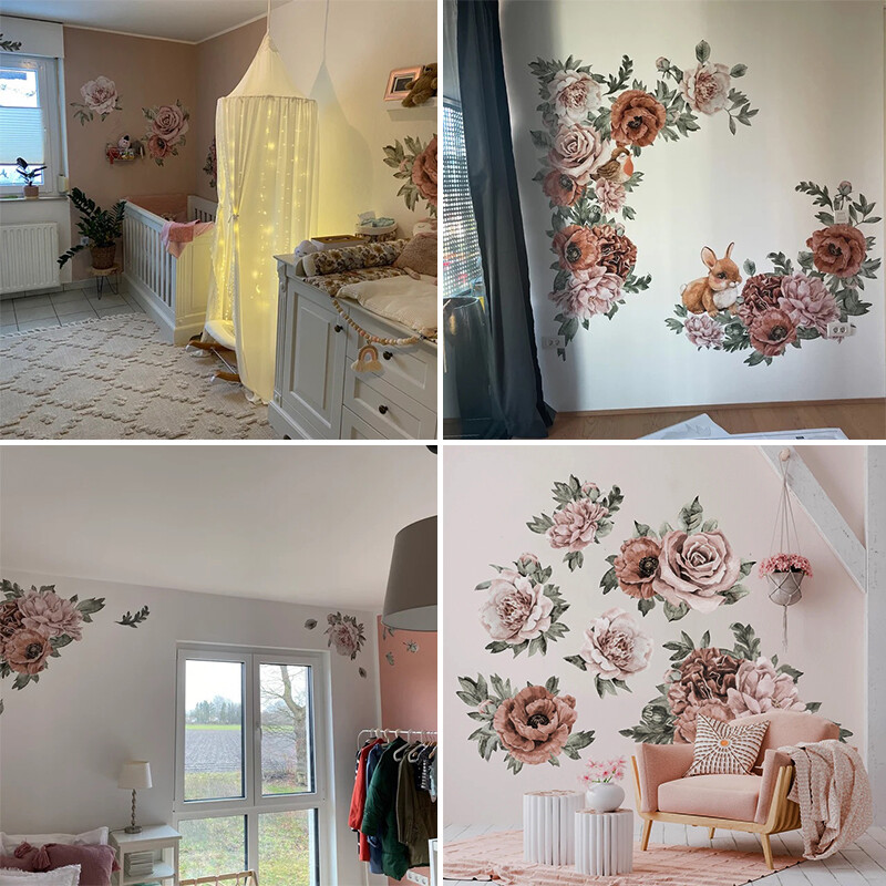 Nagy bazsarózsa virág fali matricák matrica nappali hálószoba vinil színes rózsaszín rózsa virágok tapéta 3D művészet minimalista dekoráció