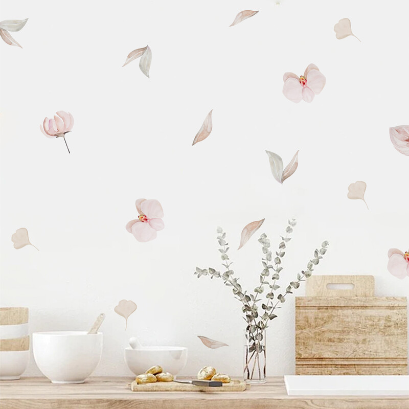 „Boho“ akvarelės rožinės gėlės sienų lipdukai vaikų kambariams.