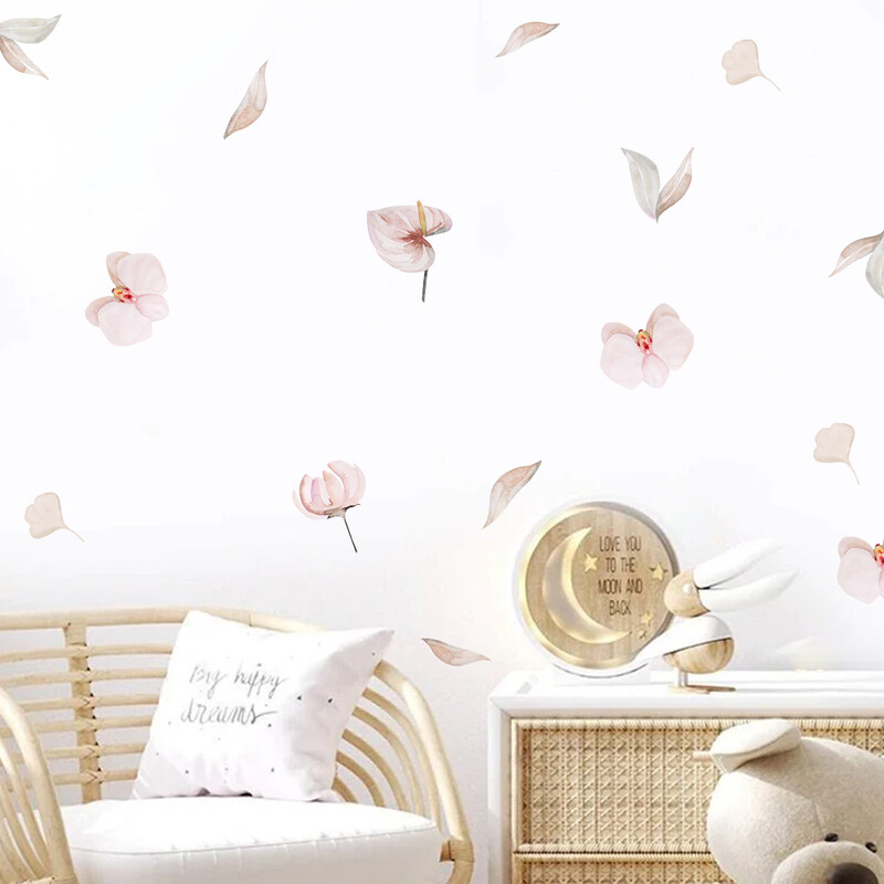 „Boho“ akvarelės rožinės gėlės sienų lipdukai vaikų kambariams.