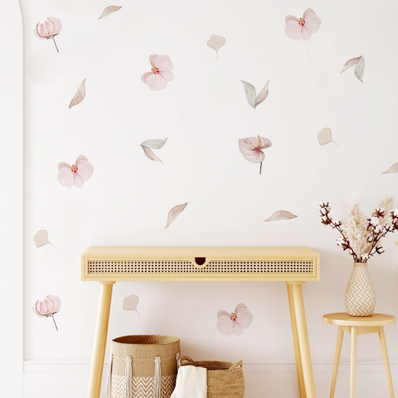 „Boho“ akvarelės rožinės gėlės sienų lipdukai vaikų kambariams.