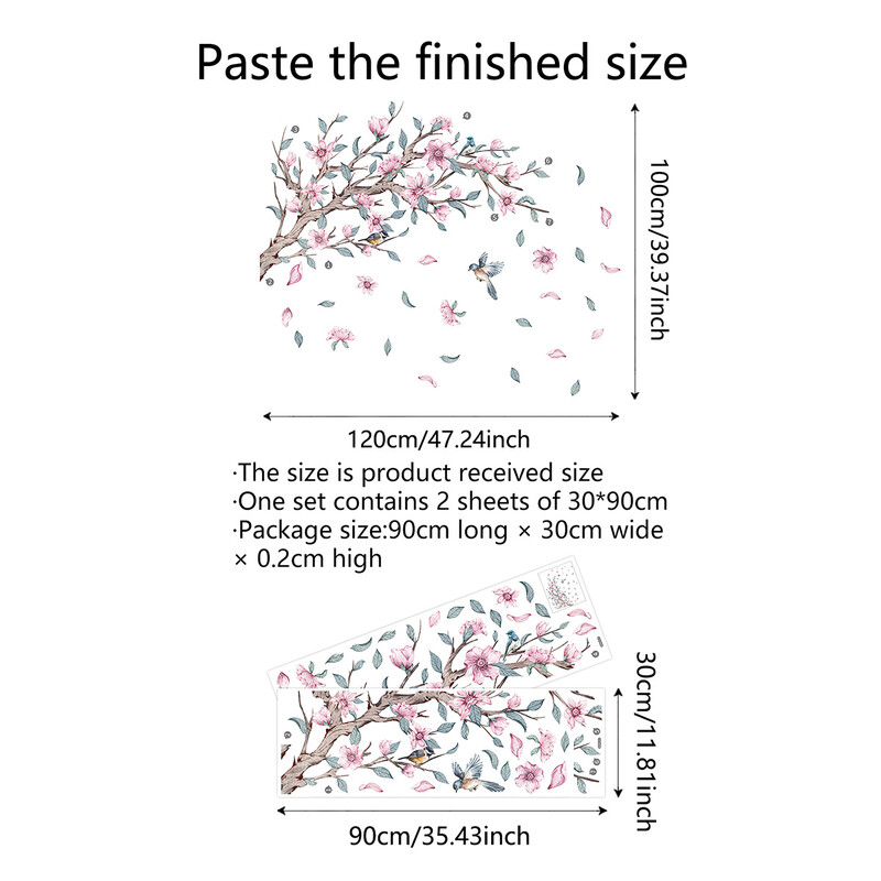 Autocolant de perete cu ramuri proaspete Fluturi Păsări Tapet Flori roz Autocolant de perete Camera de zi Dormitor Decor decor decor Piccole murale