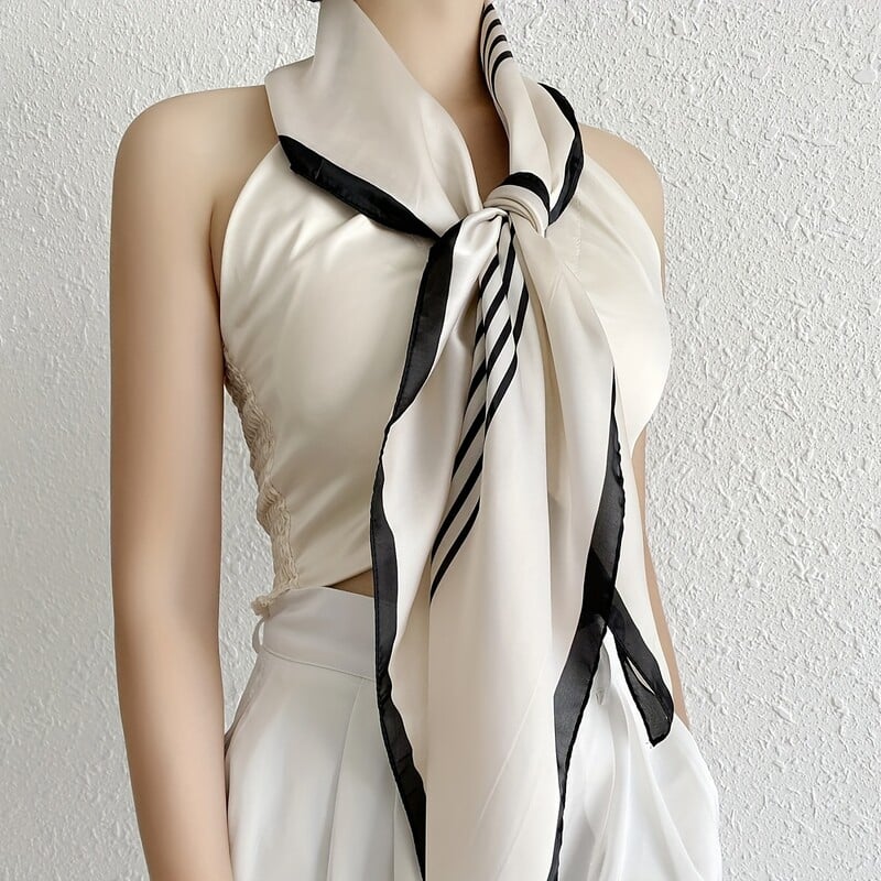 35,43" čiernobiela pruhovaná štvorcová šatka, elegantný tenký šál z imitácie hodvábu, ležérny opaľovací krém, vetruodolný zábal hlavy pre ženy