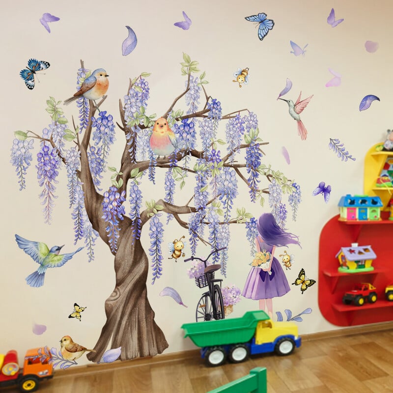 Sub copacul Wisteria Autocolante de perete cu animale din desene animate Iepure Vulpe Fluture Autocolant de perete Camera copiilor Camera de zi Autocolante acasă