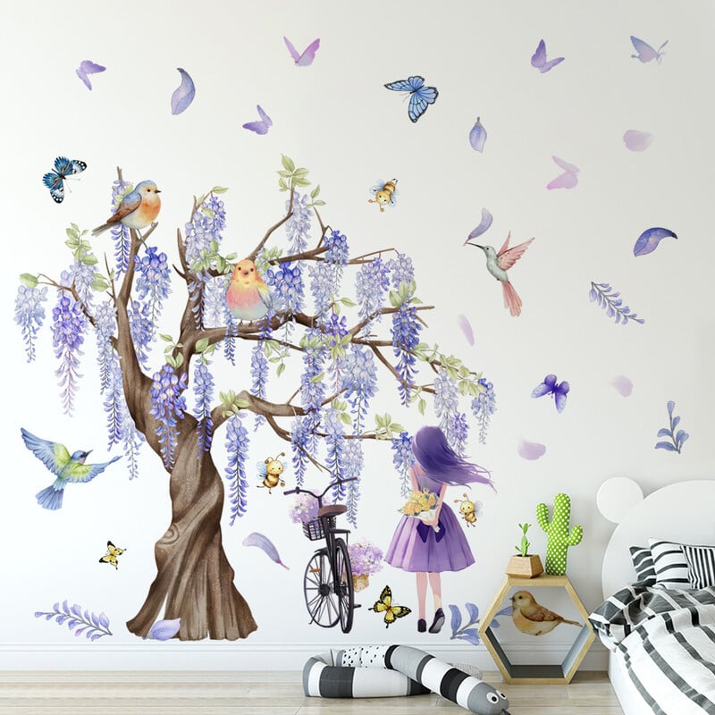 Sub copacul Wisteria Autocolante de perete cu animale din desene animate Iepure Vulpe Fluture Autocolant de perete Camera copiilor Camera de zi Autocolante acasă