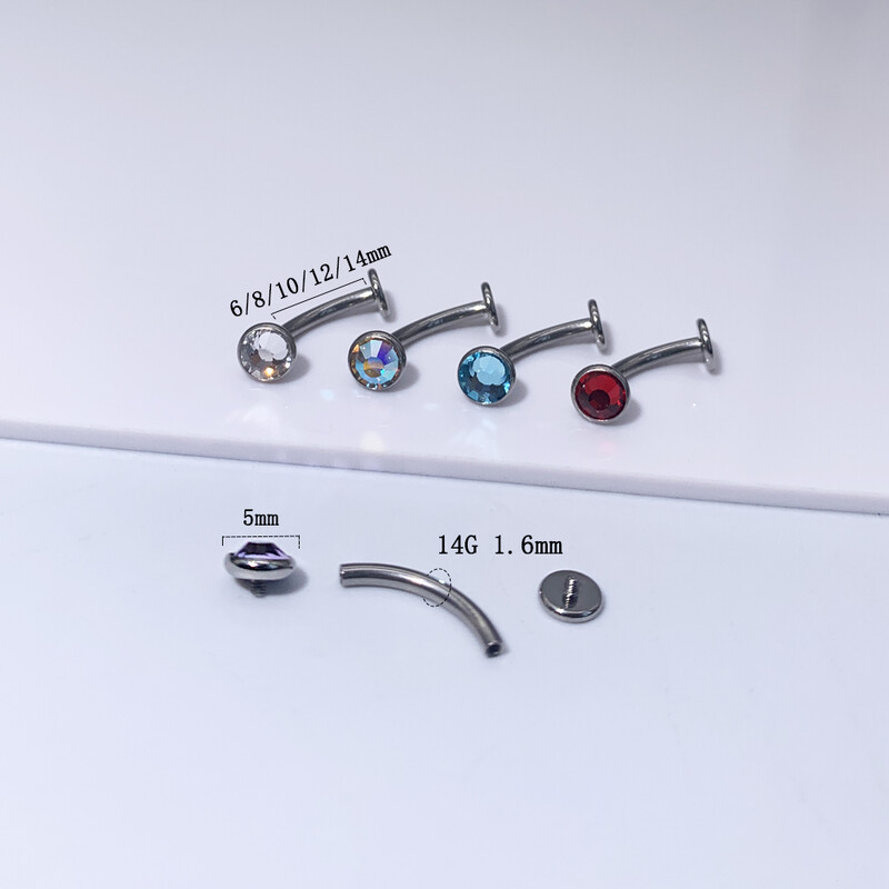 Titánový prsteň do pupka F136, 14 gramov, zirkónový necht, plochá tyčinka, lesklý necht do obočia, piercing šperky.
