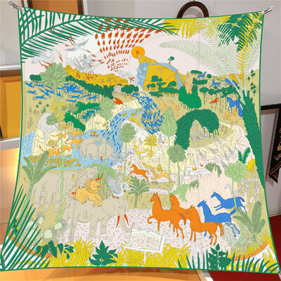 Naujo dizaino Jungle Palace Twill šilko skara skara Prabangios prekės ženklo kvadratinis šalikas, moteriškas Hijab Bandana Foulard kaklaskarės galvos kaklaskarės