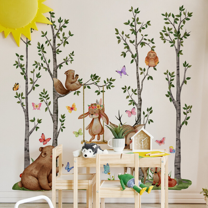 Rajzfilm erdei állatok nagy fa őzbarna fali matrica baba hálószoba gyerekszoba fali matrica gyerekszobának öntapadós tapéta