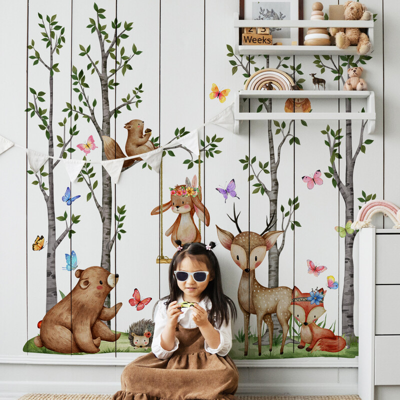 Rajzfilm erdei állatok nagy fa őzbarna fali matrica baba hálószoba gyerekszoba fali matrica gyerekszobának öntapadós tapéta