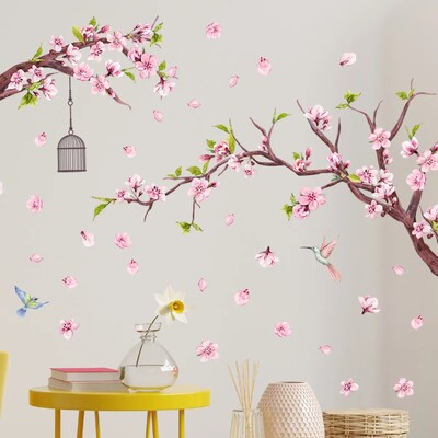 Pink Peach Blossom Flowers Branch Birds Флорални стикери за стена за спалня Всекидневна Домашен декор Цветя Стикери за стени Стенописи Pvc