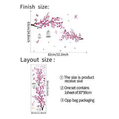 Roz flori de piersic flori ramură păsări autocolante de perete florale pentru dormitor sufragerie decor flori decoruri murale pvc