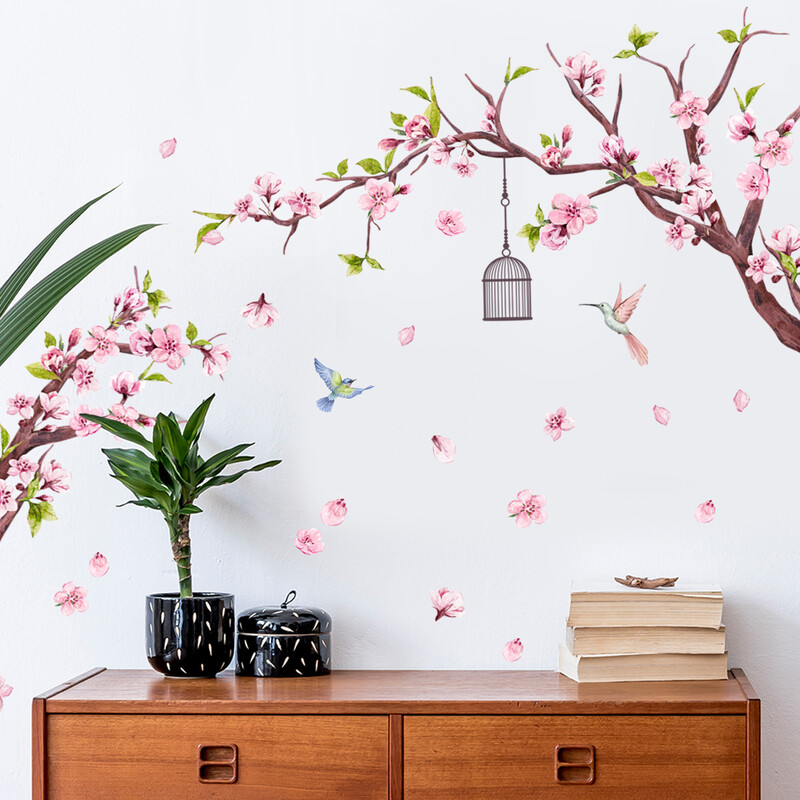Roz flori de piersic flori ramură păsări autocolante de perete florale pentru dormitor sufragerie decor flori decoruri murale pvc