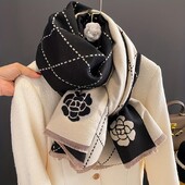 Geometrická žakárová šatka s kaméliou, elegantná štýlová imitácia kašmíru, strapcová šatka, ženy, jeseň/zima, všestranná teplá zavinovacia šatka