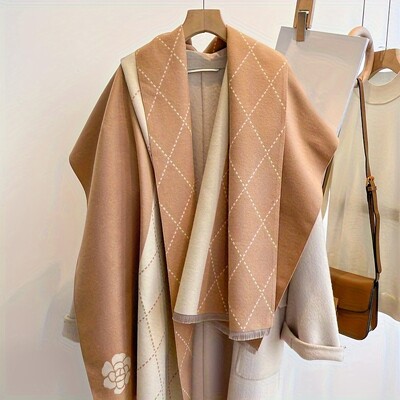 Geometrická žakárová šatka s kaméliou, elegantná štýlová imitácia kašmíru, strapcová šatka, ženy, jeseň/zima, všestranná teplá zavinovacia šatka
