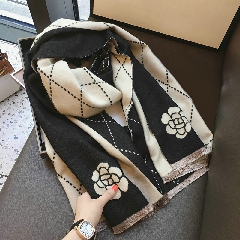 Geometrická žakárová šatka s kaméliou, elegantná štýlová imitácia kašmíru, strapcová šatka, ženy, jeseň/zima, všestranná teplá zavinovacia šatka
