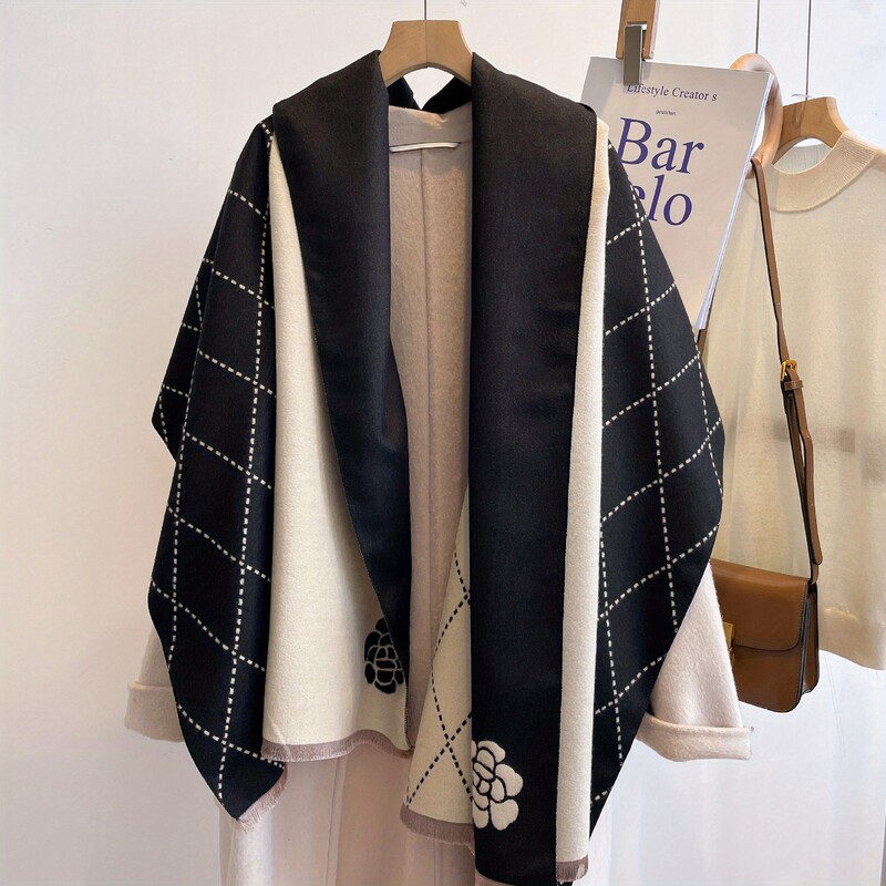 Geometrická žakárová šatka s kaméliou, elegantná štýlová imitácia kašmíru, strapcová šatka, ženy, jeseň/zima, všestranná teplá zavinovacia šatka