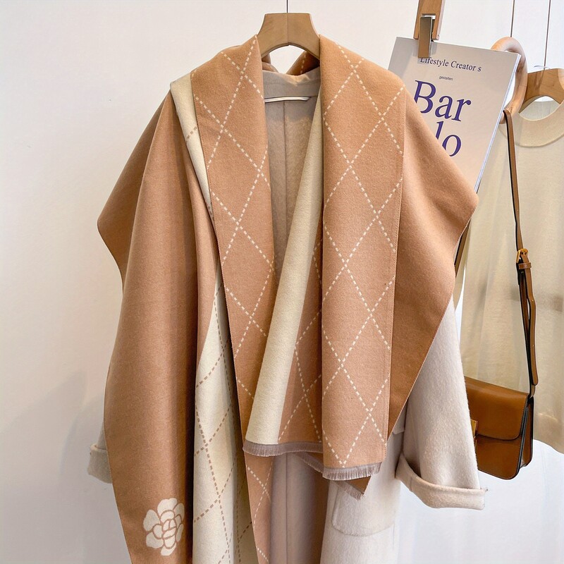 Geometrická žakárová šatka s kaméliou, elegantná štýlová imitácia kašmíru, strapcová šatka, ženy, jeseň/zima, všestranná teplá zavinovacia šatka