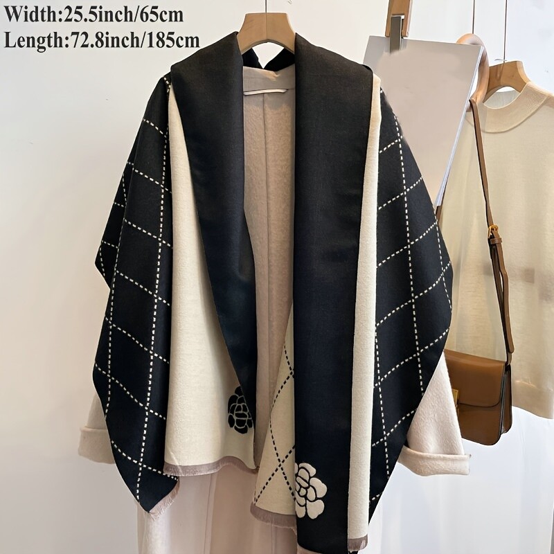 Geometrická žakárová šatka s kaméliou, elegantná štýlová imitácia kašmíru, strapcová šatka, ženy, jeseň/zima, všestranná teplá zavinovacia šatka