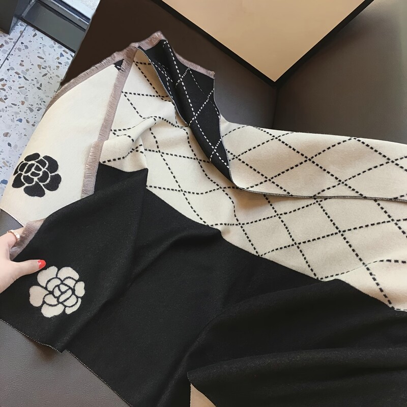 Geometrická žakárová šatka s kaméliou, elegantná štýlová imitácia kašmíru, strapcová šatka, ženy, jeseň/zima, všestranná teplá zavinovacia šatka