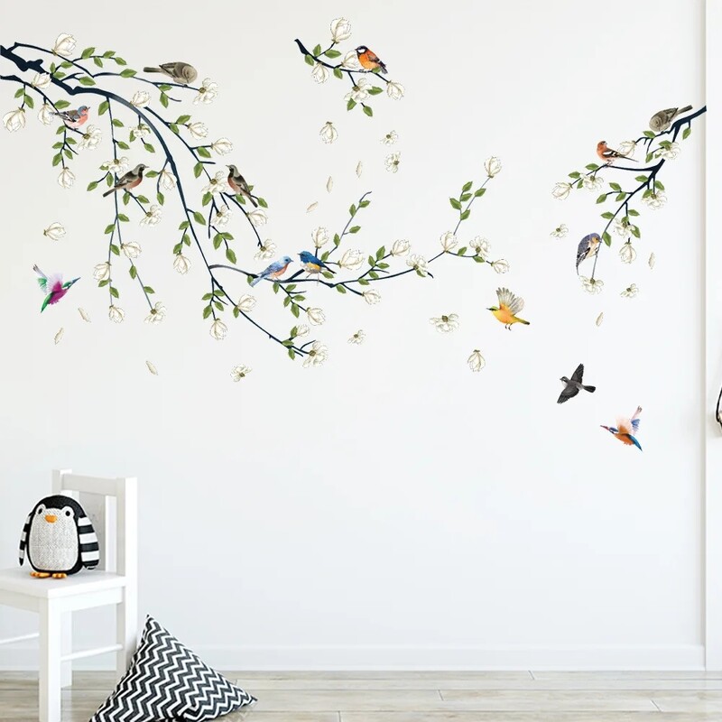 Fehér Virág Falmatricák Virágok Falimatrica Madarak Falimatricák Otthoni dekoráció Nappali tapéta Hálószoba Gyermek tapéta