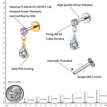 Right Grand ASTM F136 Titanium 16G Teardrop Dangle CZ Labret Stud Waterdrop Tragus хрущялна обеца Flatback Helix Piercing