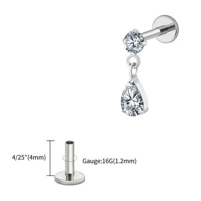 Jobb Grand ASTM F136 Titanium 16G Teardrop Dangle CZ Labret Stud Waterdrop Tragus Porc fülbevaló lapos hátú Helix piercing