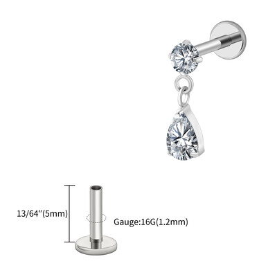 Jobb Grand ASTM F136 Titanium 16G Teardrop Dangle CZ Labret Stud Waterdrop Tragus Porc fülbevaló lapos hátú Helix piercing