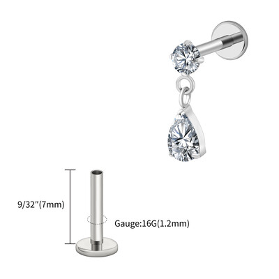 Jobb Grand ASTM F136 Titanium 16G Teardrop Dangle CZ Labret Stud Waterdrop Tragus Porc fülbevaló lapos hátú Helix piercing