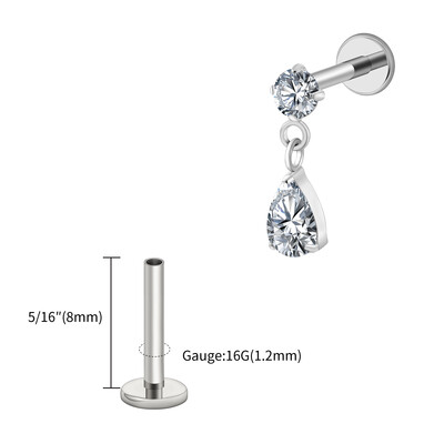 Jobb Grand ASTM F136 Titanium 16G Teardrop Dangle CZ Labret Stud Waterdrop Tragus Porc fülbevaló lapos hátú Helix piercing