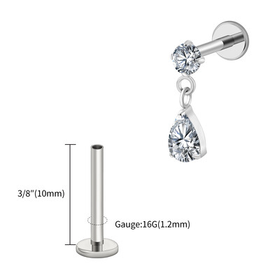 Jobb Grand ASTM F136 Titanium 16G Teardrop Dangle CZ Labret Stud Waterdrop Tragus Porc fülbevaló lapos hátú Helix piercing