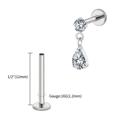 Jobb Grand ASTM F136 Titanium 16G Teardrop Dangle CZ Labret Stud Waterdrop Tragus Porc fülbevaló lapos hátú Helix piercing