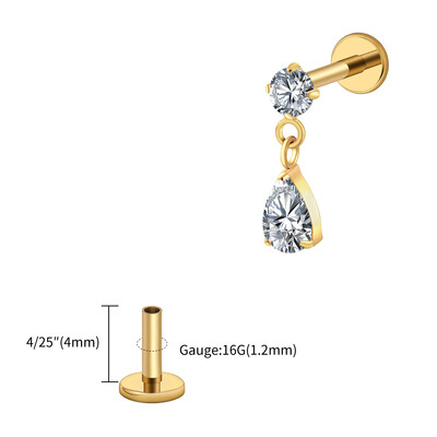 Jobb Grand ASTM F136 Titanium 16G Teardrop Dangle CZ Labret Stud Waterdrop Tragus Porc fülbevaló lapos hátú Helix piercing