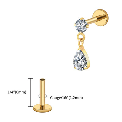 Jobb Grand ASTM F136 Titanium 16G Teardrop Dangle CZ Labret Stud Waterdrop Tragus Porc fülbevaló lapos hátú Helix piercing