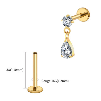 Jobb Grand ASTM F136 Titanium 16G Teardrop Dangle CZ Labret Stud Waterdrop Tragus Porc fülbevaló lapos hátú Helix piercing