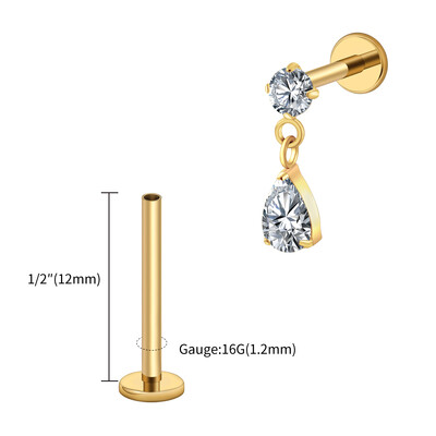 Jobb Grand ASTM F136 Titanium 16G Teardrop Dangle CZ Labret Stud Waterdrop Tragus Porc fülbevaló lapos hátú Helix piercing