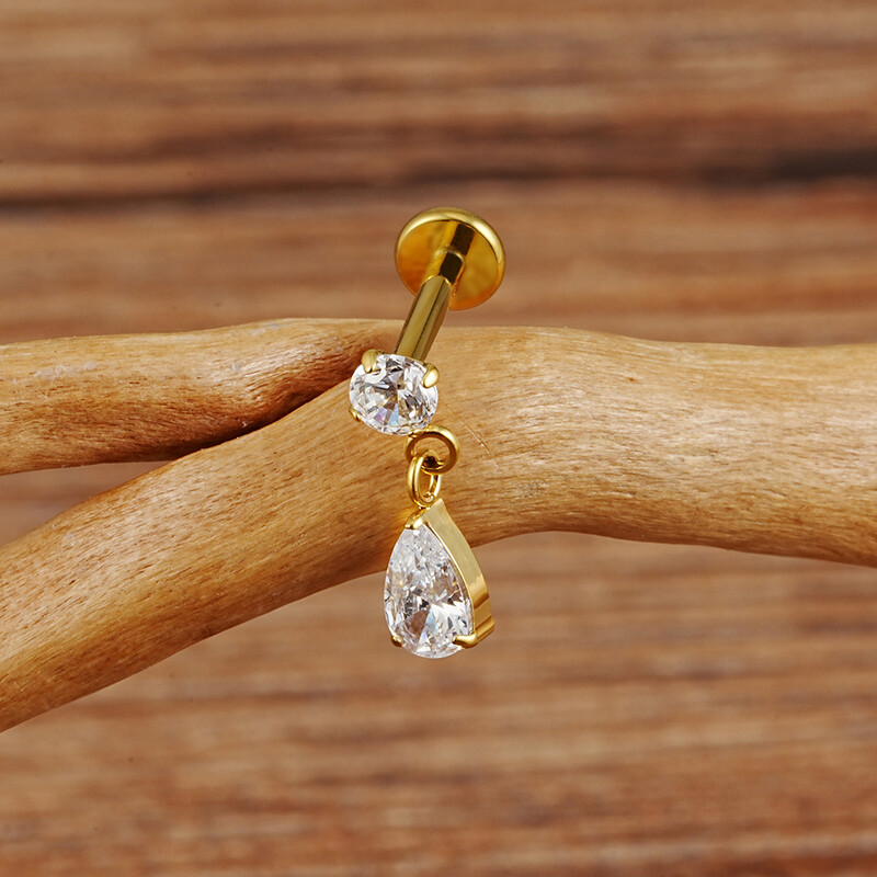 Jobb Grand ASTM F136 Titanium 16G Teardrop Dangle CZ Labret Stud Waterdrop Tragus Porc fülbevaló lapos hátú Helix piercing