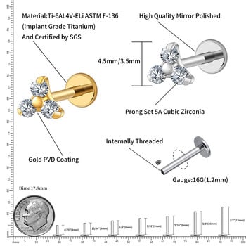 Right Grand ASTM F136 Titanium 16G Triple CZ Cartilage Helix Earring Trinity CZ Tragus Stud Conch Earlobe Устна Пиърсинг Бижута