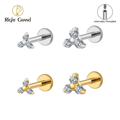 Dreapta Grand ASTM F136 Titanium 16G Triple CZ Cartilage Helix Cercel Trinity CZ Tragus Stud Conch Bijuterii Piercing pentru buze