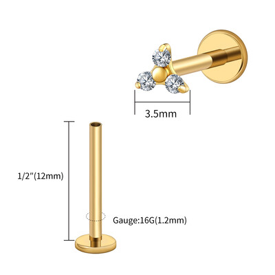 Piercing do pery s trojitým CZ náušnicou z titánu 16G s trojitým CZ náušnicou z tragusu a mušle.