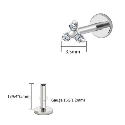 Piercing do pery s trojitým CZ náušnicou z titánu 16G s trojitým CZ náušnicou z tragusu a mušle.