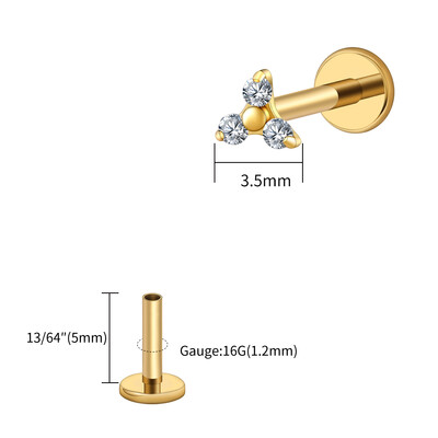 Piercing do pery s trojitým CZ náušnicou z titánu 16G s trojitým CZ náušnicou z tragusu a mušle.