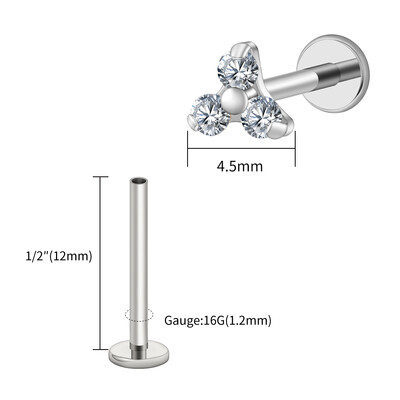 Piercing do pery s trojitým CZ náušnicou z titánu 16G s trojitým CZ náušnicou z tragusu a mušle.
