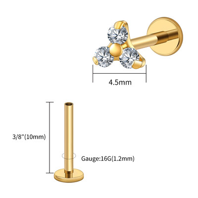 Piercing do pery s trojitým CZ náušnicou z titánu 16G s trojitým CZ náušnicou z tragusu a mušle.